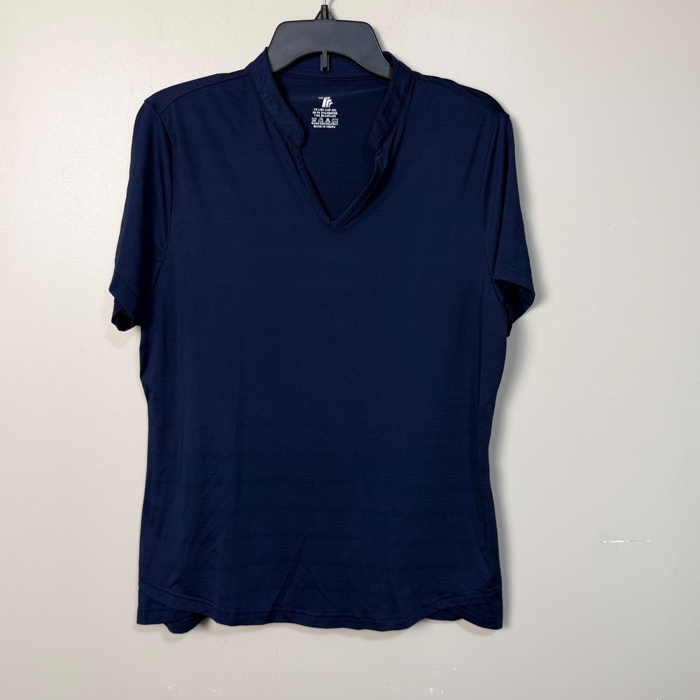 TR Men Activewear Top Size L Navy Blue Short Sleeve V-Neck Mandarin Collar Sport